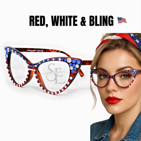 Patriotic Rhinestone Glasses – Bling Red White Blue Cat Eye Readers - Picture 1 of 2